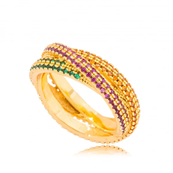 Anel Entrelaçado Colorido Cravejado Confeccionado em Banho de Ouro Amarelo 18k
