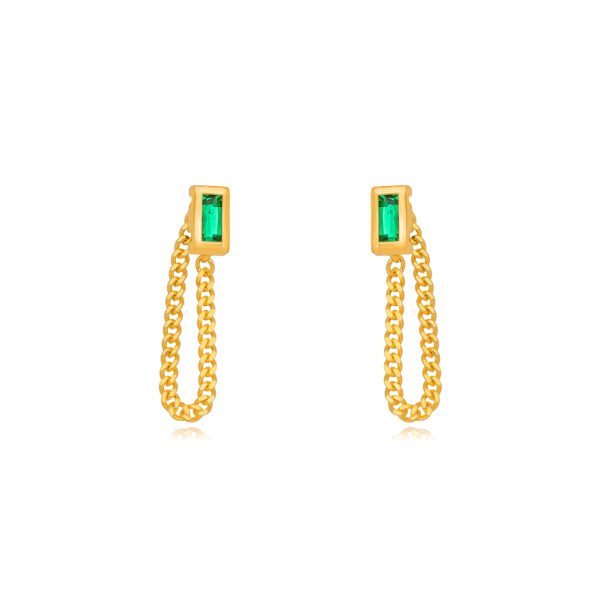 Brinco Ear Jacket Corrente Esmeralda Confeccionado em Banho de Ouro 18k. Brinco Altura: 8,9cm Largura: 7mm Peso: 7
