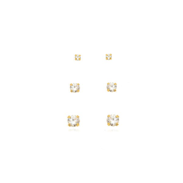 Brinco 3 Furos Ponto de Luz Confeccionado em Banho de Ouro Amarelo de 18K e Ródio Branco. Brinco 1 Altura: 3mm Largura: 3mm Pedra: Cristal Brinco 2 Altura: 5mm Largura: 5mm Pedra: Cristal Brinco 3 Altura: 6mm Largura: 6mm Pedra: Cristal
