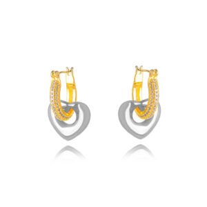 Detalhes do produto Brinco Argola Cravejada de Zircônias em Cristais em Banho de Ouro Amarelo 18K, com Pingente em formato de Coração no Banho de Ródio Branco. Brinco Altura: 2,5cm Largura: 1,5cm