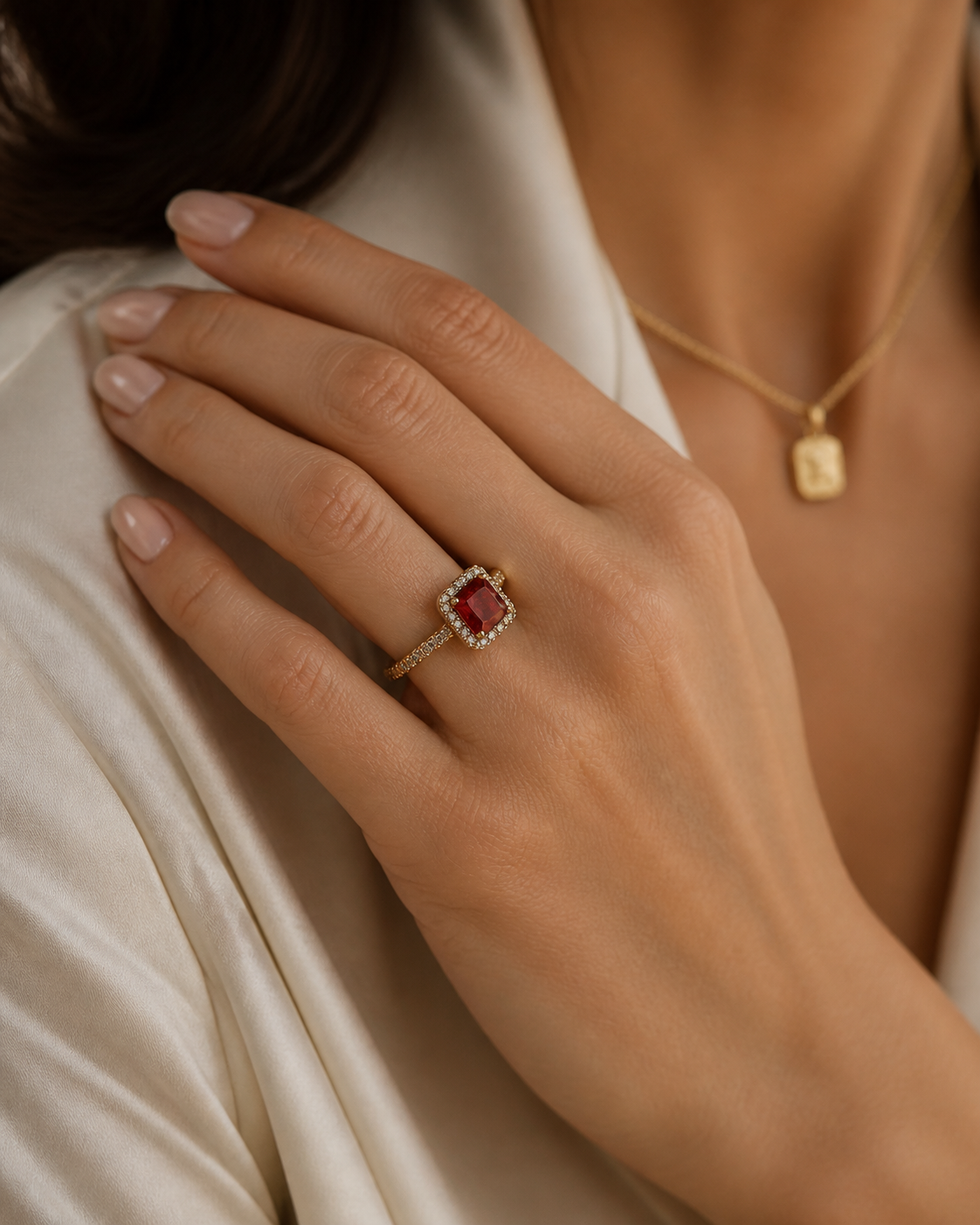 O Anel Quadrado com Pedra de Rubi cravejado com Zircônias, com banho em Ouro 18k é a escolha perfeita para quem busca elegância, brilho e sofisticação em uma única peça. Com design clássico e atemporal, ele apresenta um alto brilho e base cravejada com microzircônias. Perfeito para momentos especiais, pedidos marcantes ou para elevar o visual do dia a dia com elegância e propósito. Porque o brilho que vem de dentro merece ser revelado.